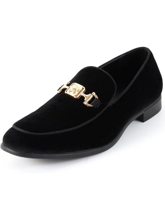 REIHUANNE Men\'s Black Velvet Loafer Metal Buckle Slip On Luxury Smoking Shoes